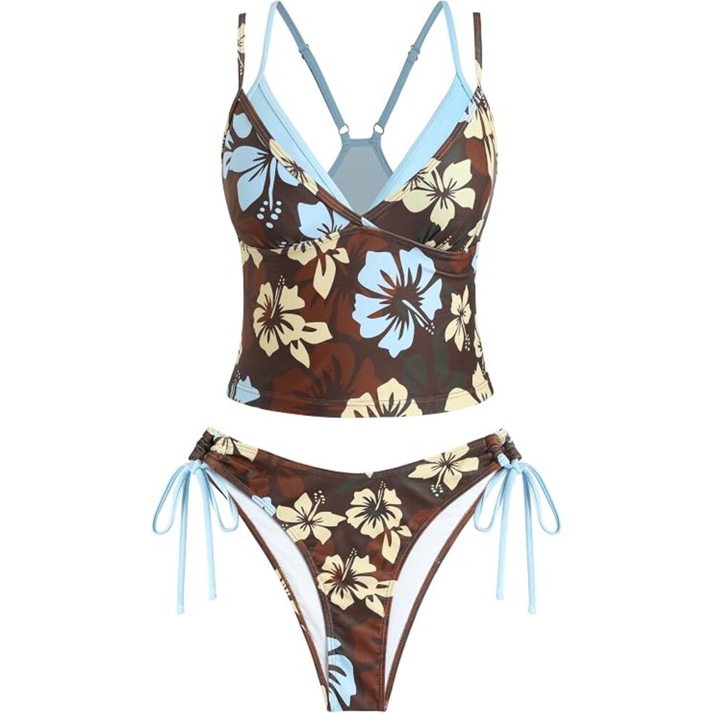 ZAFUL Women's Blue V Neck Tankini Swimsuit Set Double Strap Tie Side Bikini
